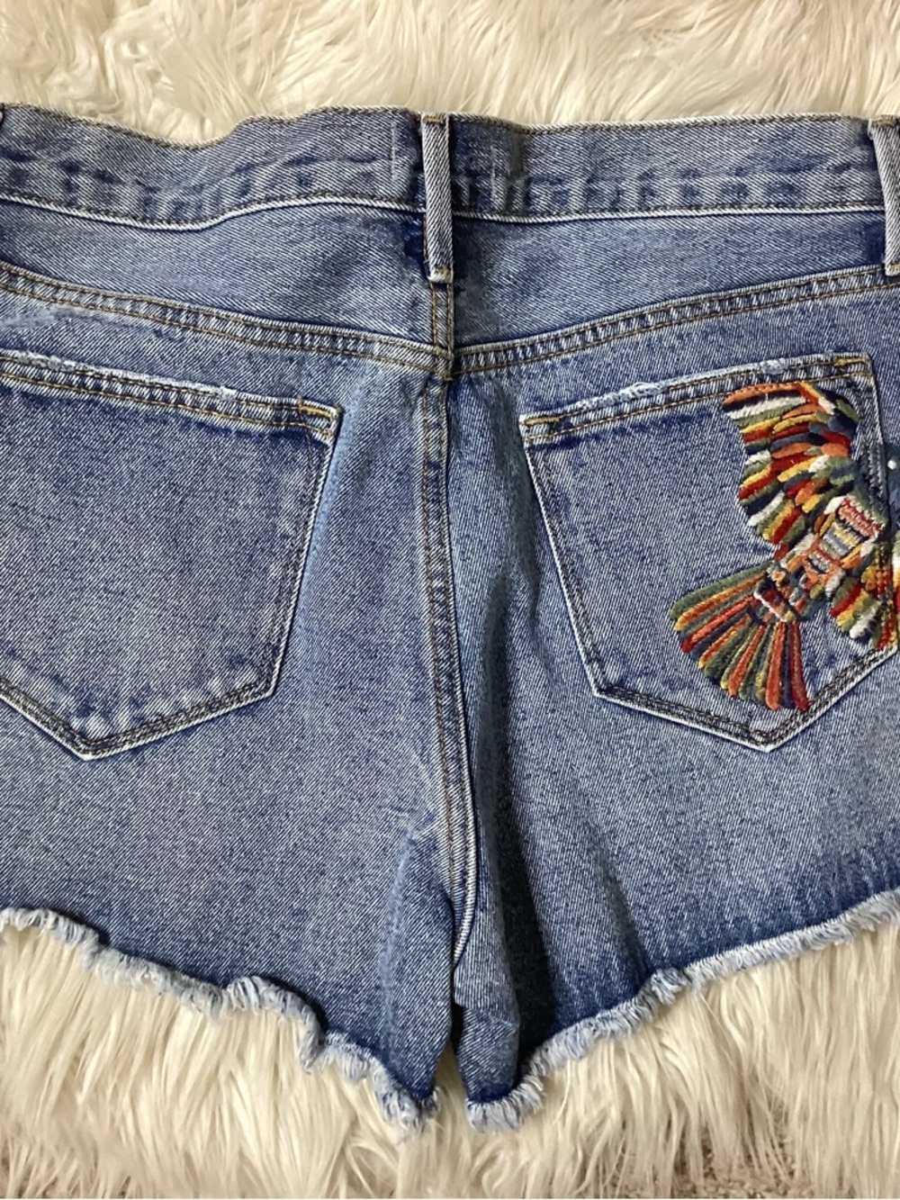 DRIFTWOOD Light Blue High-Waist Denim Shorts Embroidered Bird 29